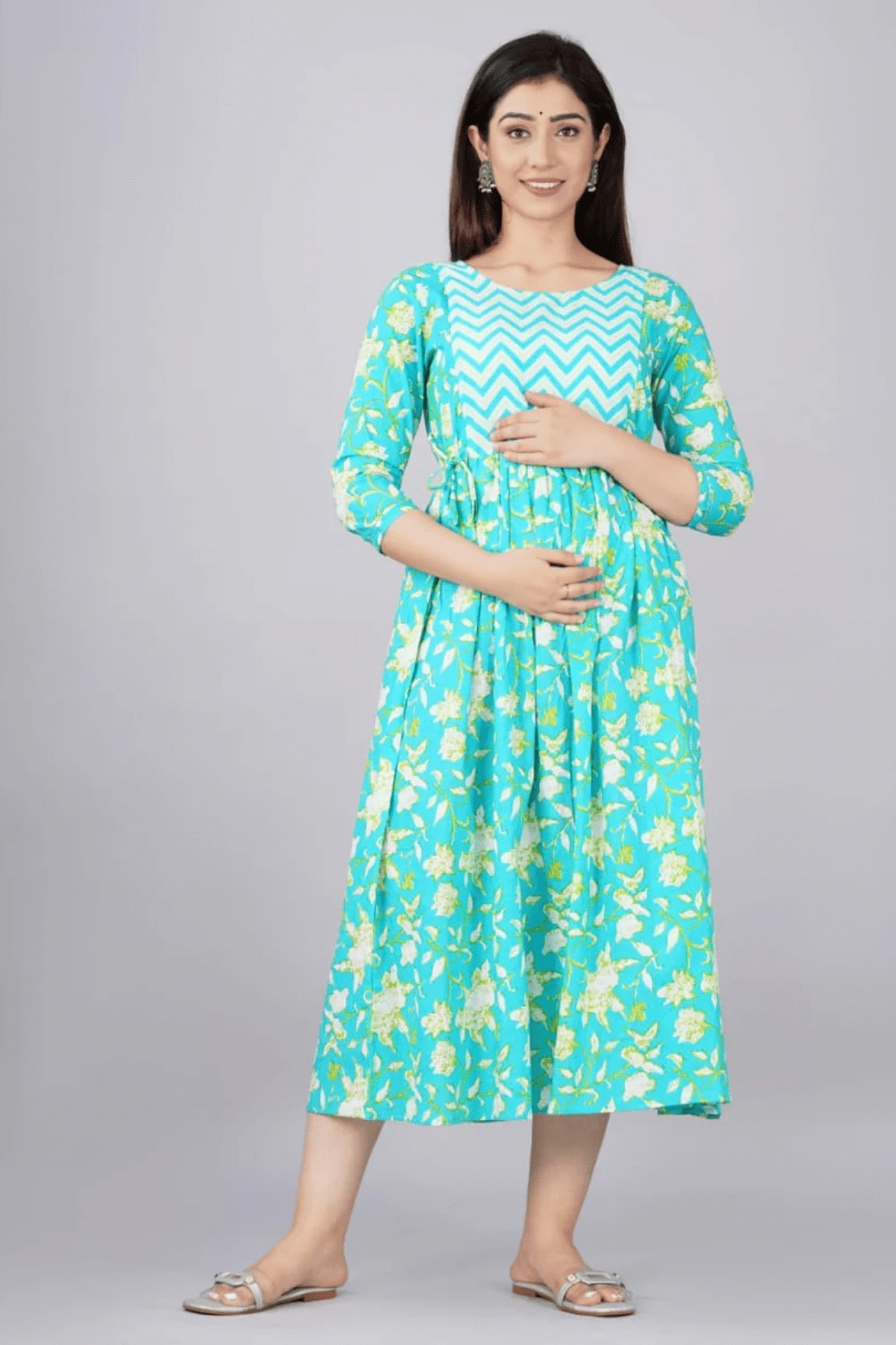 Majestic divas Cotton Aqua Blue Floral Maternity Feeding Kurta Dress with Dual Zippers Secondary image