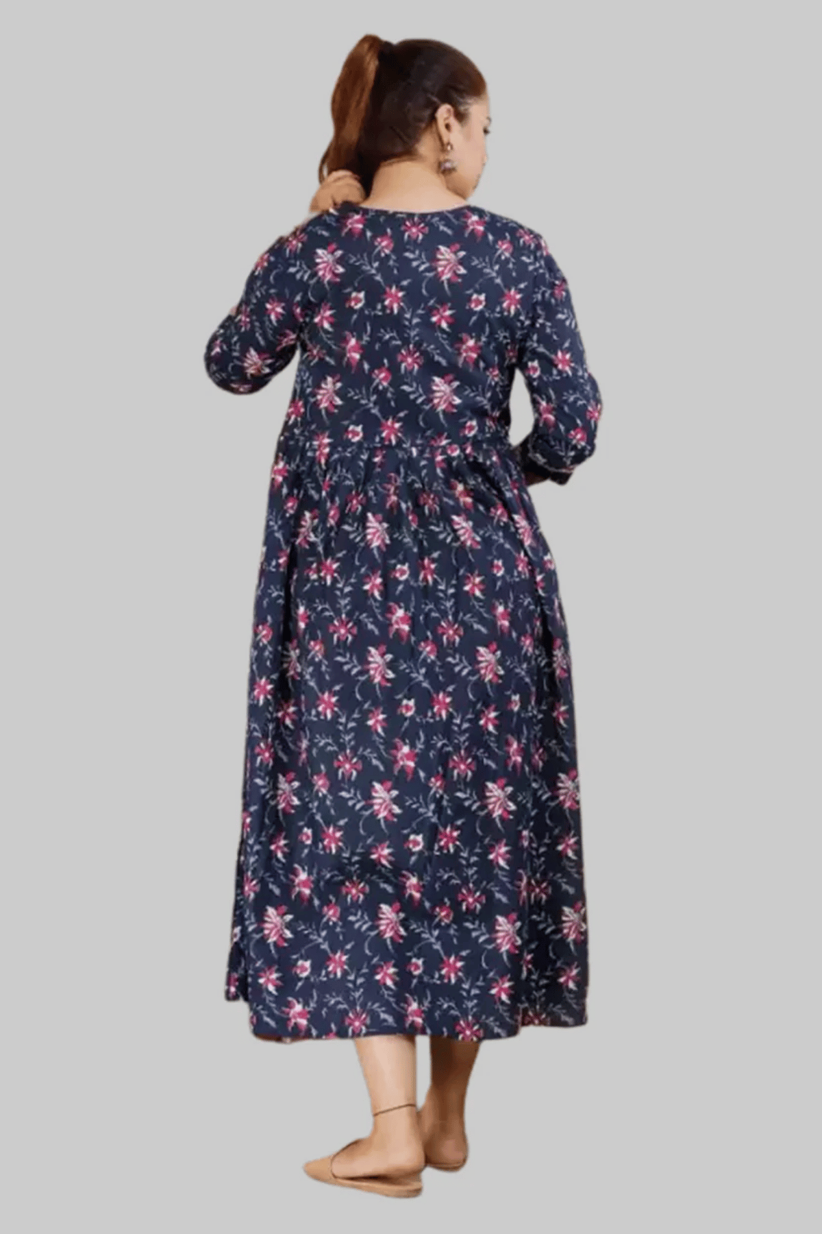 Majestic divas Cotton Navy Blue Floral Maternity Feeding Kurta Dress with Dual Zippers Secondary image