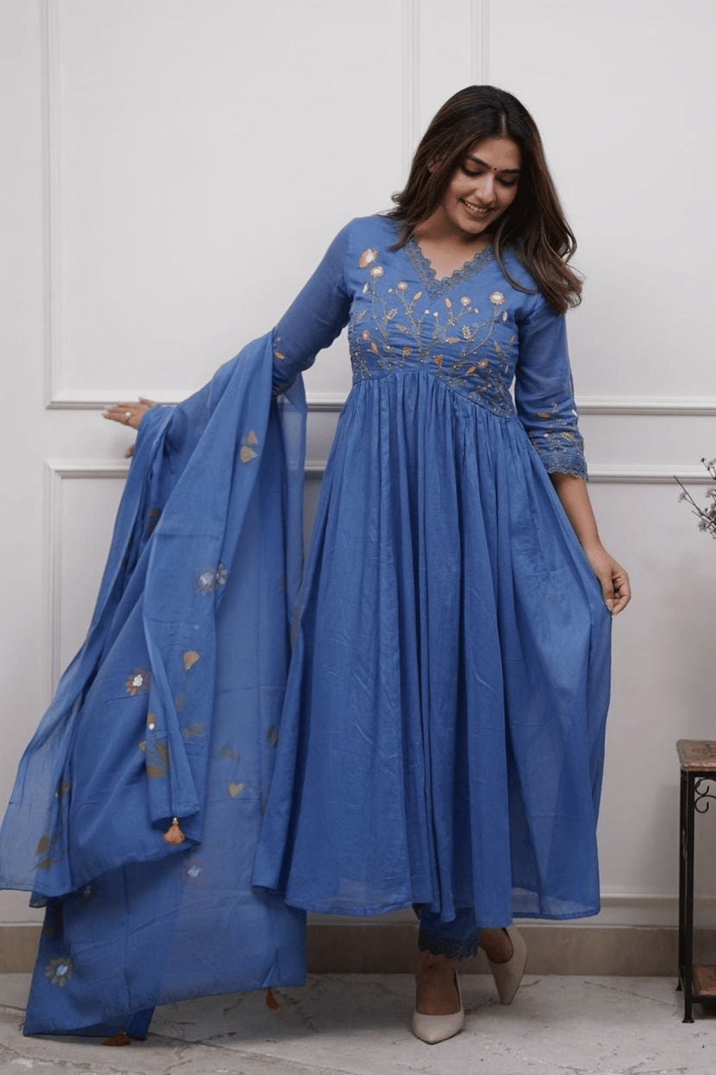 Majestic Divas Azure Blossom Embroidered Anarkali Dupatta Set