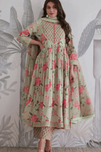 Majestic Diva's Sage Green Floral Printed Dupatta Set