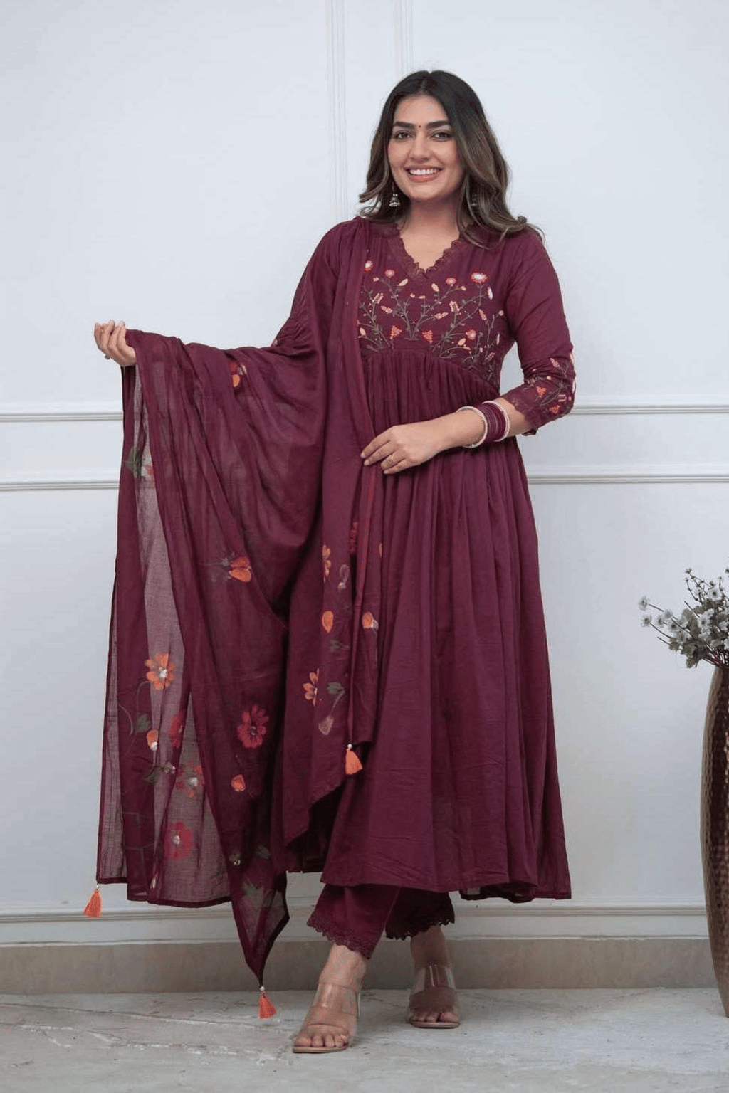 Majestic Divas Royal Wine Embroidered Anarkali Dupatta Set