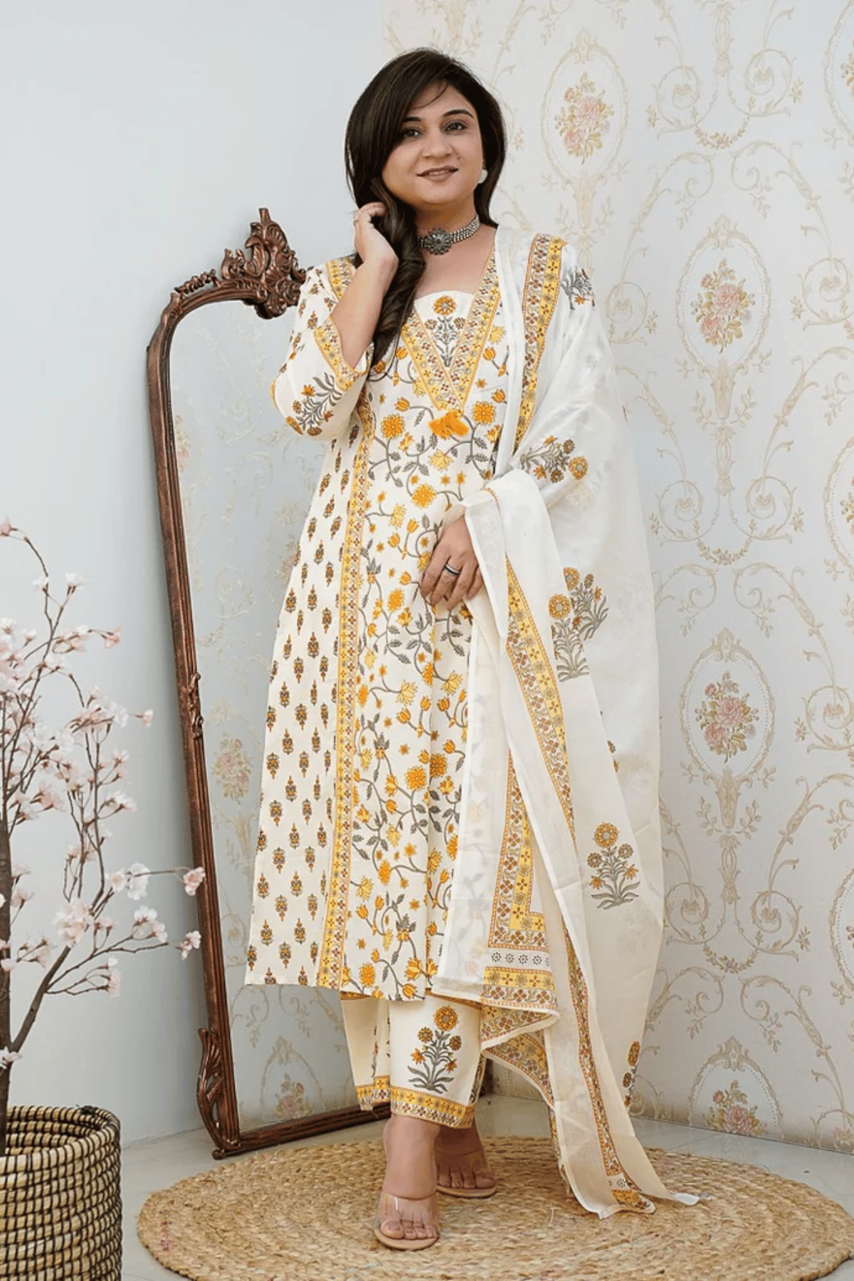 Majestic Diva's White & Yellow Printed Dupatta Set Main image