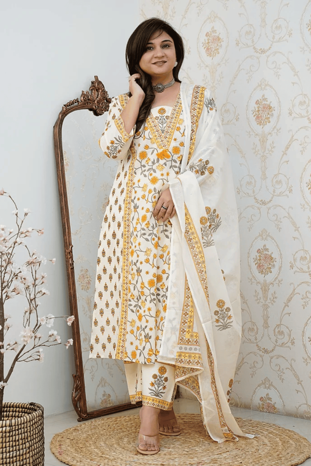Majestic Diva's White & Yellow Printed Dupatta Set
