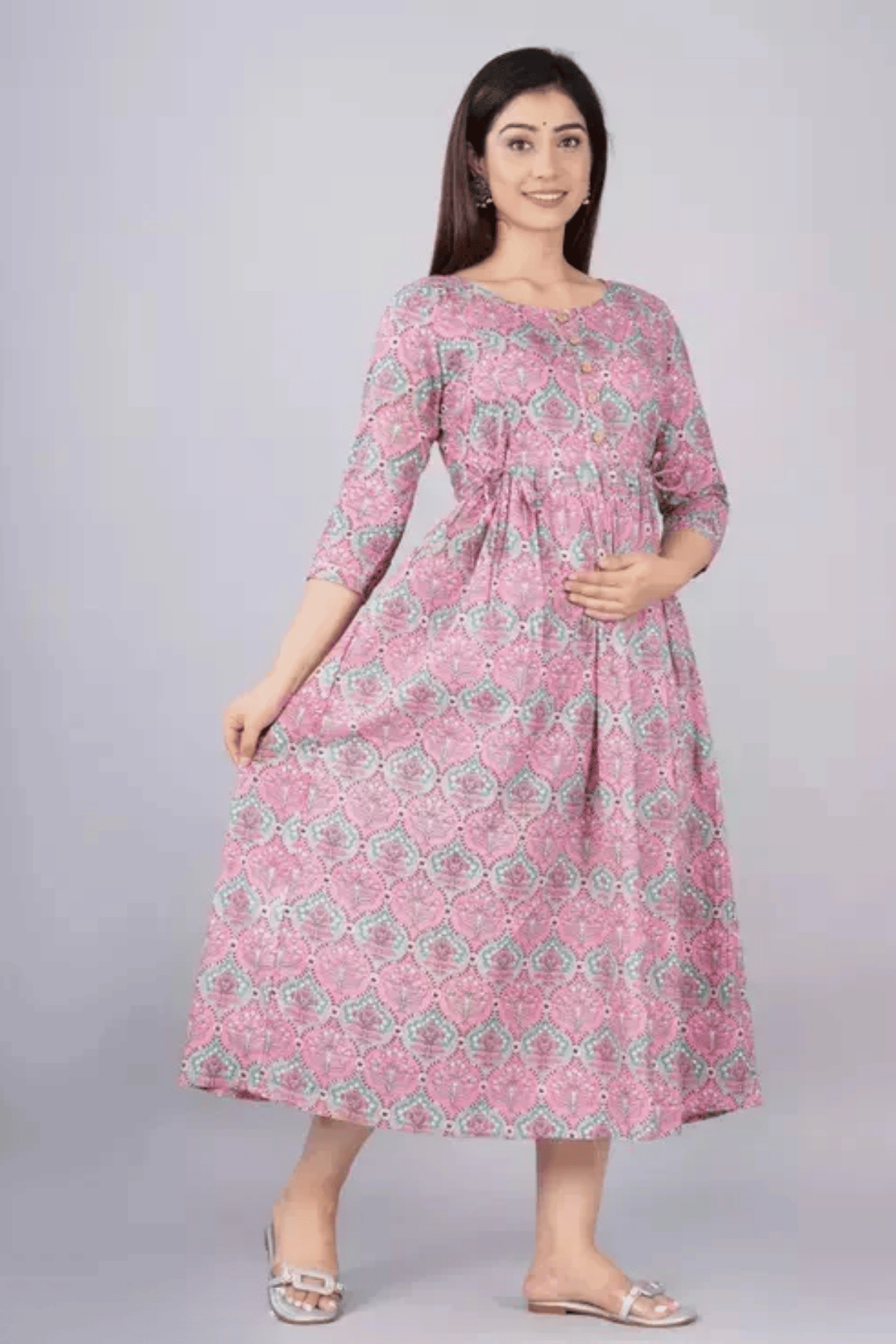 Majestic divas Cotton Lavender Floral Maternity Feeding Kurta Dress with Dual Zippers Secondary image
