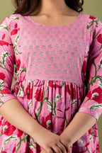 Majestic divas Cotton Rose Pink Floral Maternity Feeding Kurta Dress with Dual Zippers