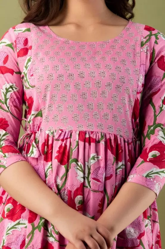 Majestic divas Cotton Rose Pink Floral Maternity Feeding Kurta Dress with Dual Zippers