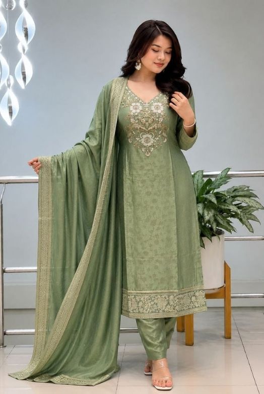 Sage Green Pure Malay Glass Tissue Kanjivaram Handwork Dupatta Set  with Jacquard Dupatta