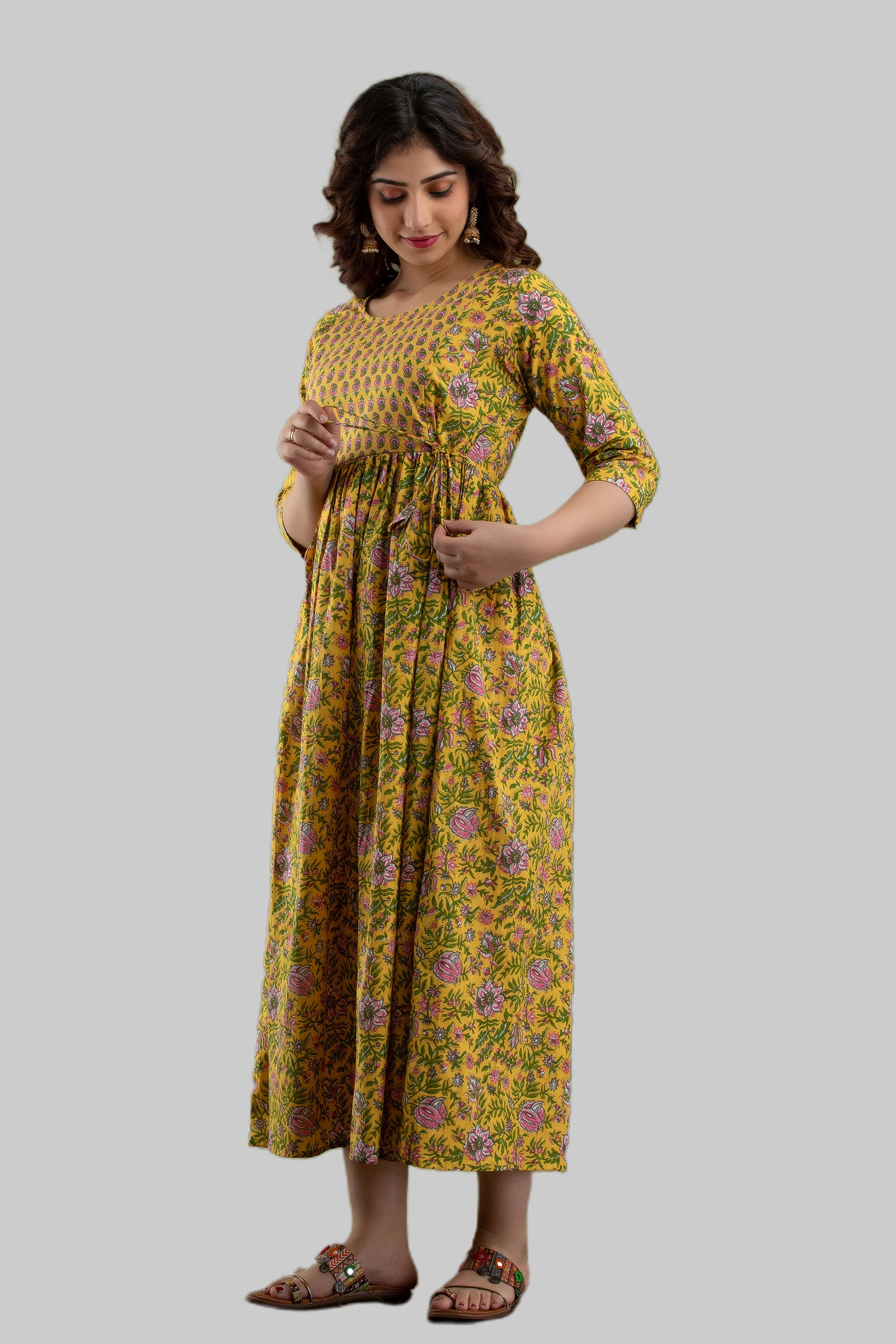 Majestic divas Cotton Mustard Yellow Floral Maternity Feeding Kurta Dress with Dual Zippers Secondary image