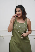 Green Cotton Spaghetti Strap Co-ord Set with Mirror Work