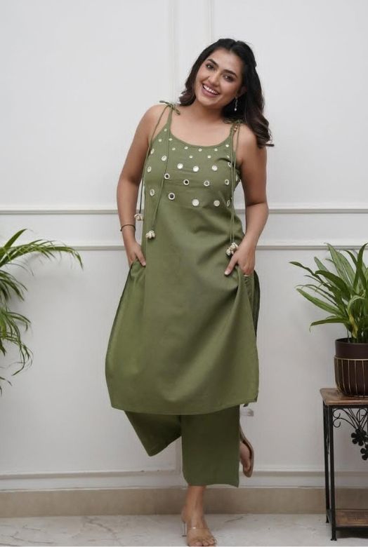 Green Cotton Spaghetti Strap Co-ord Set with Mirror Work Main image