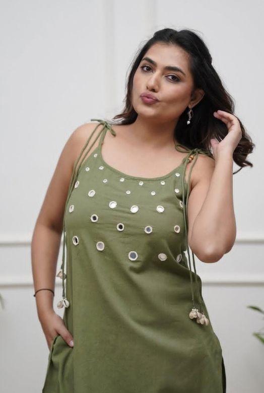 Green Cotton Spaghetti Strap Co-ord Set with Mirror Work