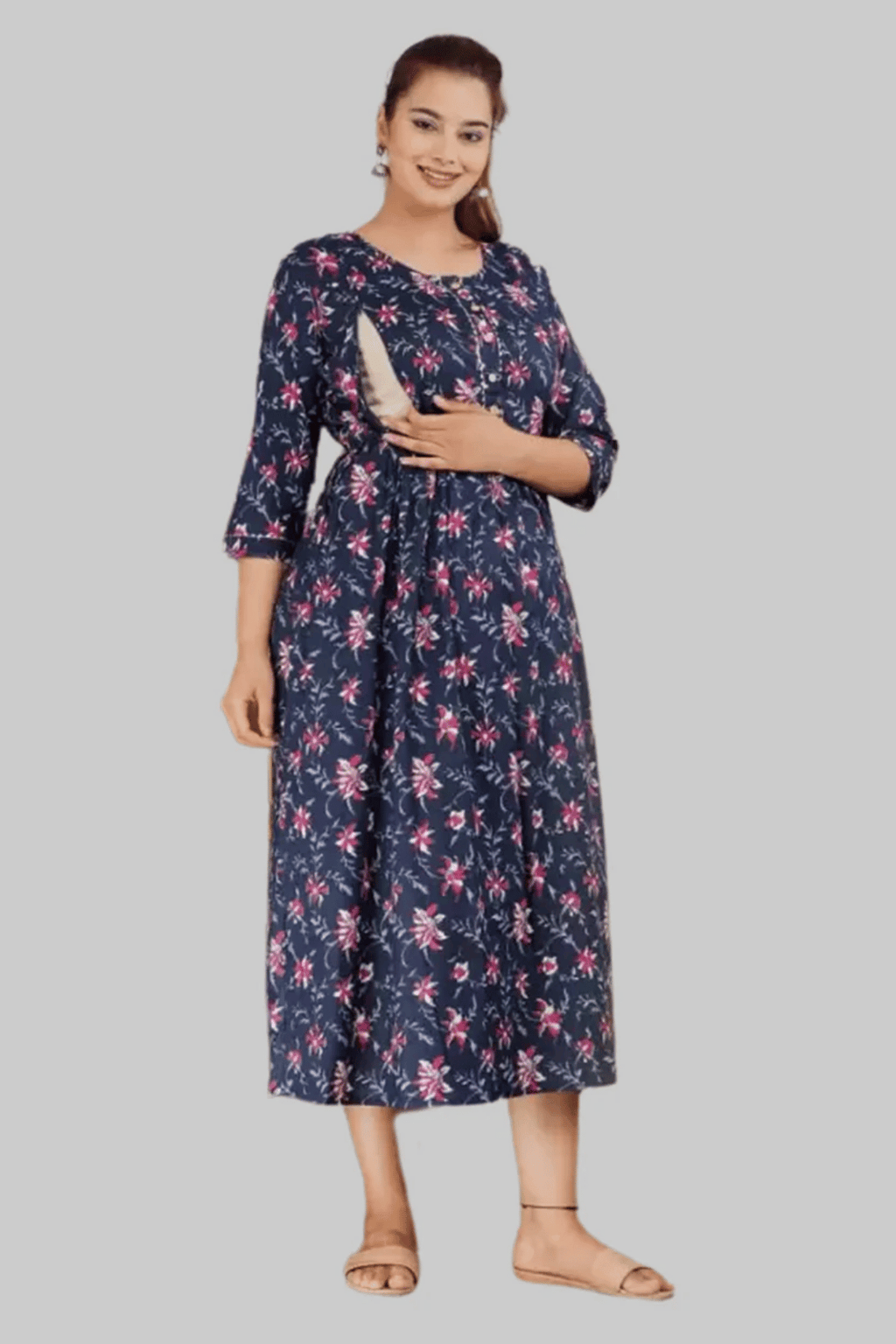 Majestic divas Cotton Navy Blue Floral Maternity Feeding Kurta Dress with Dual Zippers