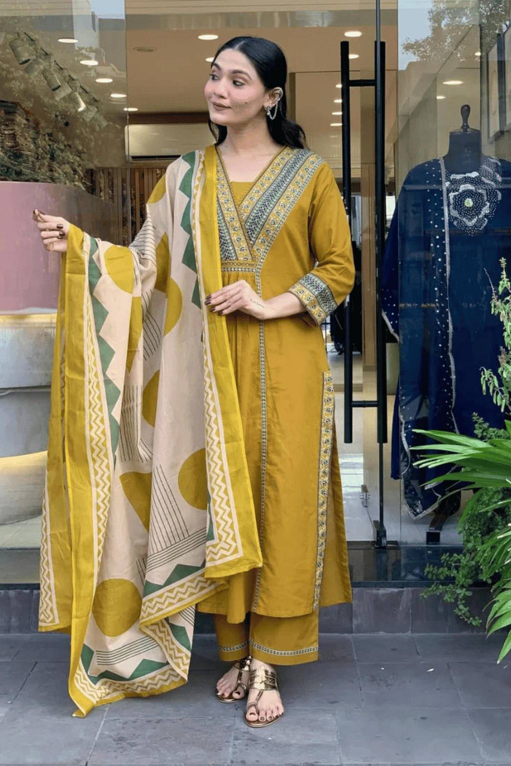 Majestic Diva Mustard Yellow Embroidered and Printed Dupatta set