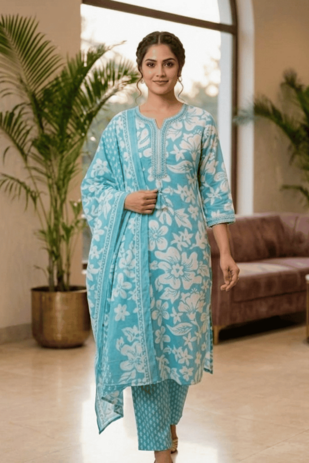 Majestic Diva's Sky Blue Floral Printed Dupatta Set