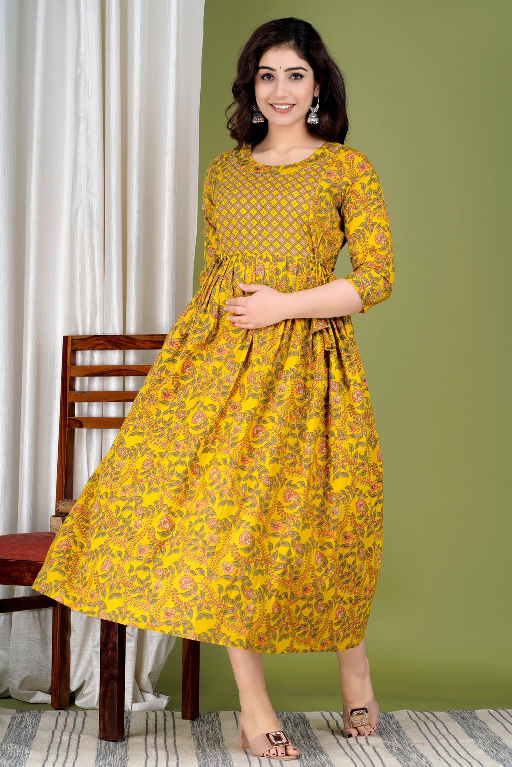 Majestic divas Cotton Mustard Yellow Floral Vine Printed Maternity Feeding Kurta Dress with Dual Zippers