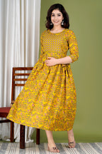 Majestic divas Cotton Mustard Yellow Floral Vine Printed Maternity Feeding Kurta Dress with Dual Zippers