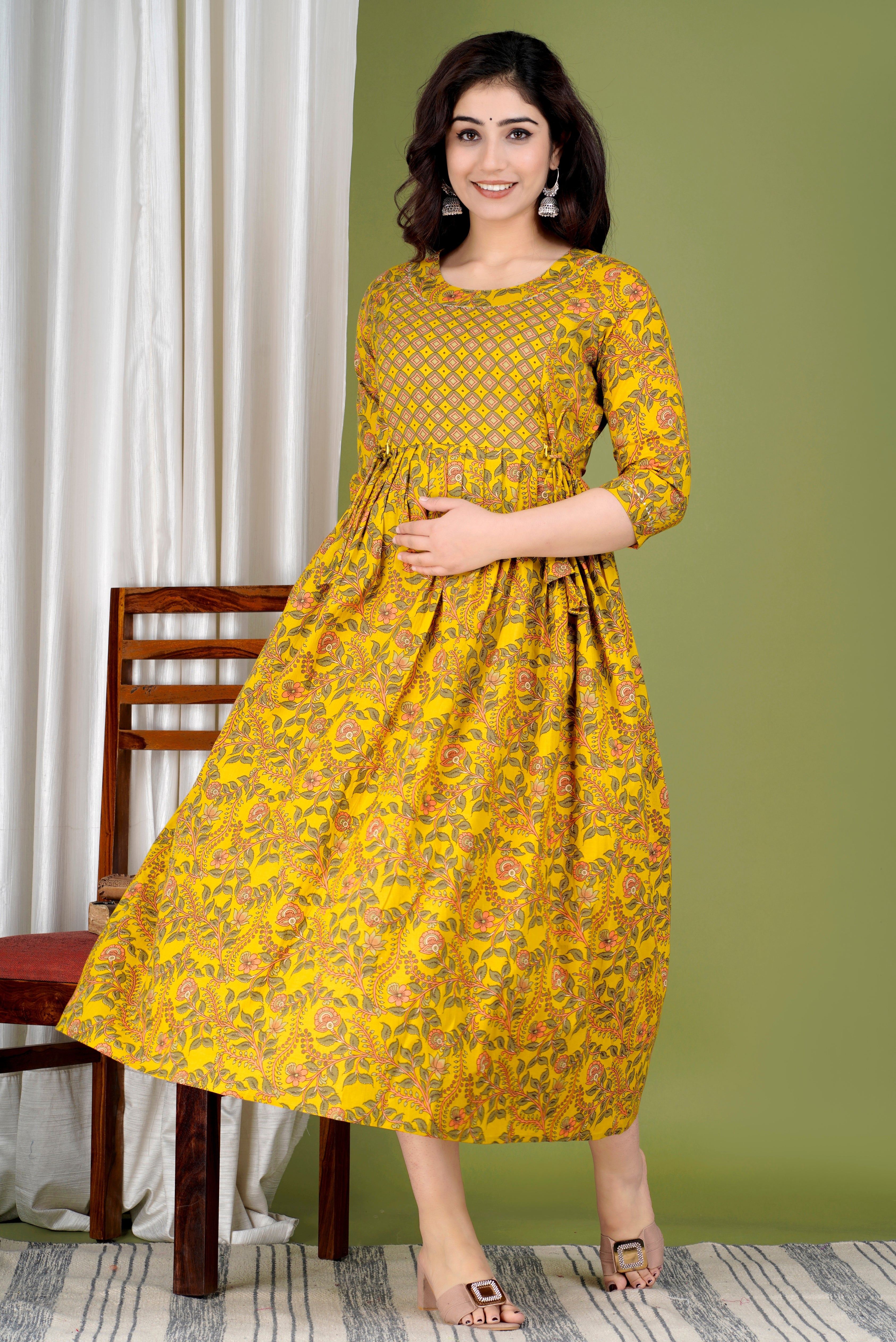 Majestic divas Cotton Mustard Yellow Floral Vine Printed Maternity Feeding Kurta Dress with Dual Zippers