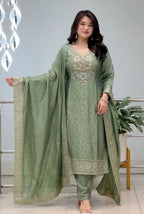 Sage Green Pure Malay Glass Tissue Kanjivaram Handwork Dupatta Set  with Jacquard Dupatta
