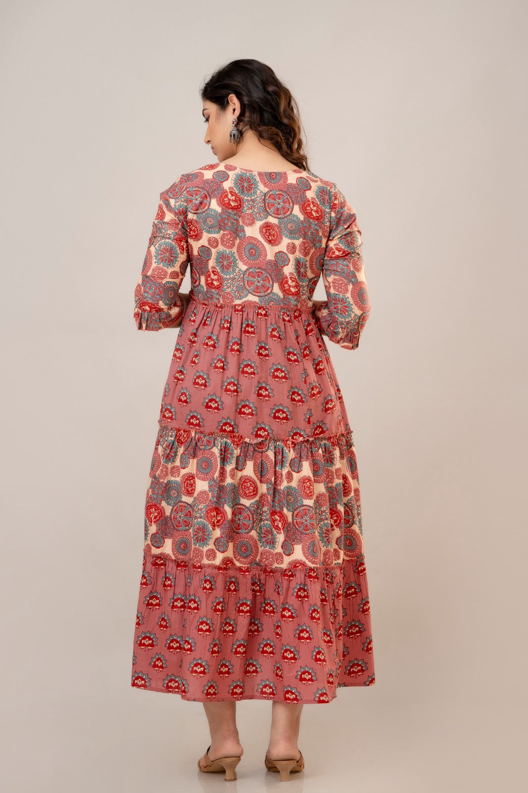 Majestic Diva's Red & Blue Mandala Printed Cotton Maternity & Feeding Dress