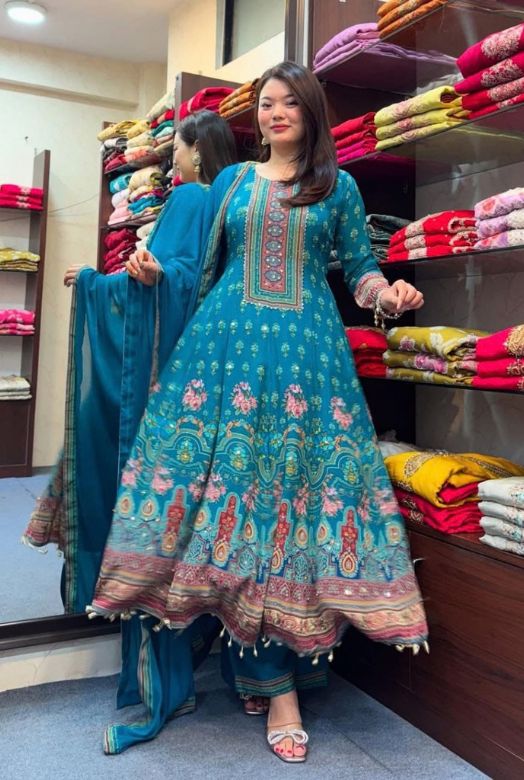 Teal Blue Pure Chinnon Rajasthani Full Anarkali Dupatta Set  with Mirror & Handwork