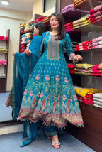 Teal Blue Pure Chinnon Rajasthani Full Anarkali Dupatta Set  with Mirror & Handwork