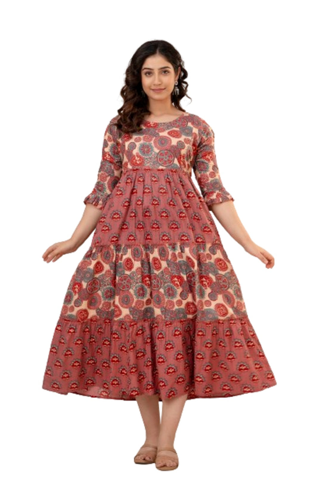 Majestic Diva's Red & Blue Mandala Printed Cotton Maternity & Feeding Dress