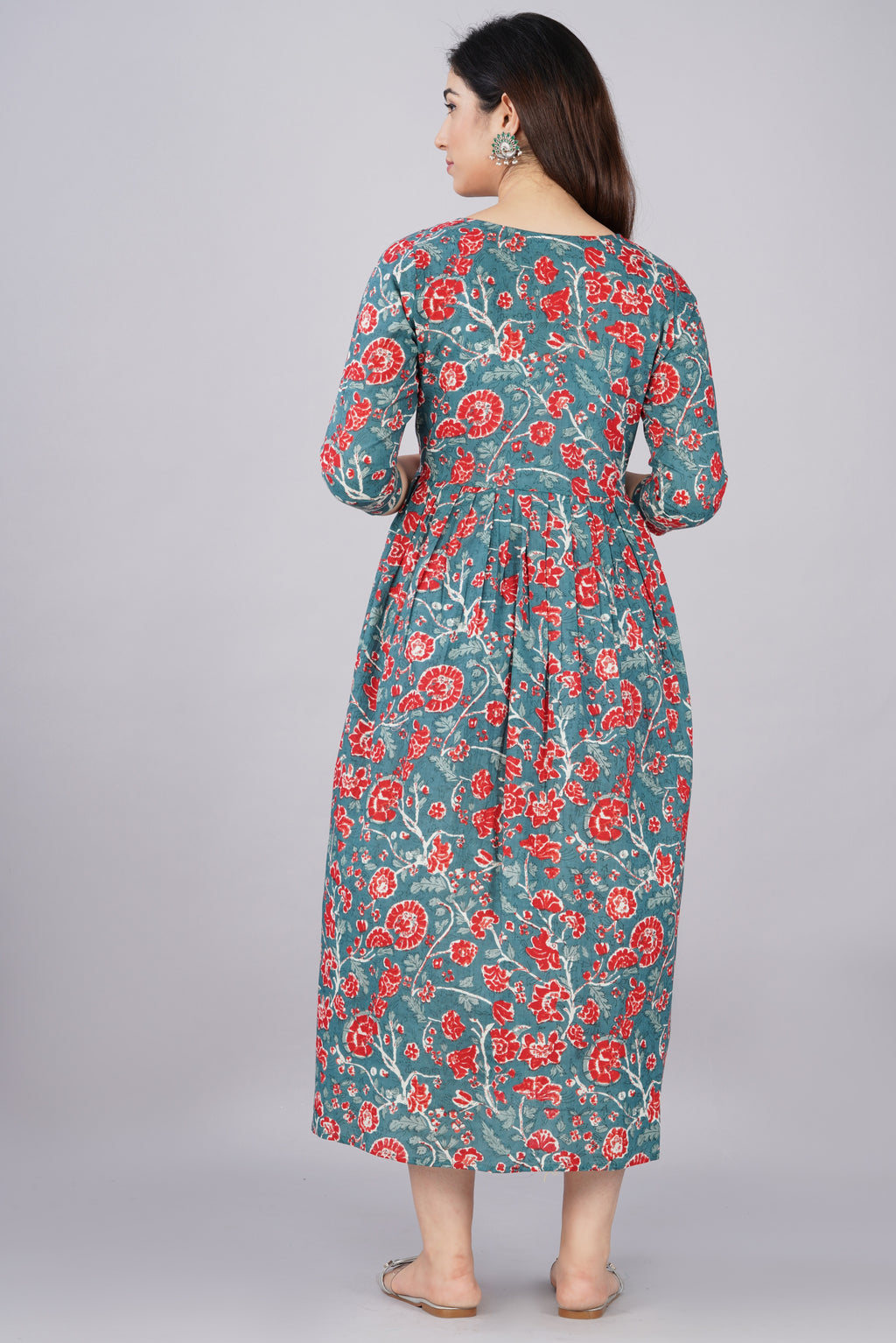 Majestic divas Cotton Teal Blue Red Floral Printed Maternity Feeding Kurta Dress with Dual Zippers