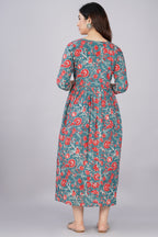 Majestic divas Cotton Teal Blue Red Floral Printed Maternity Feeding Kurta Dress with Dual Zippers