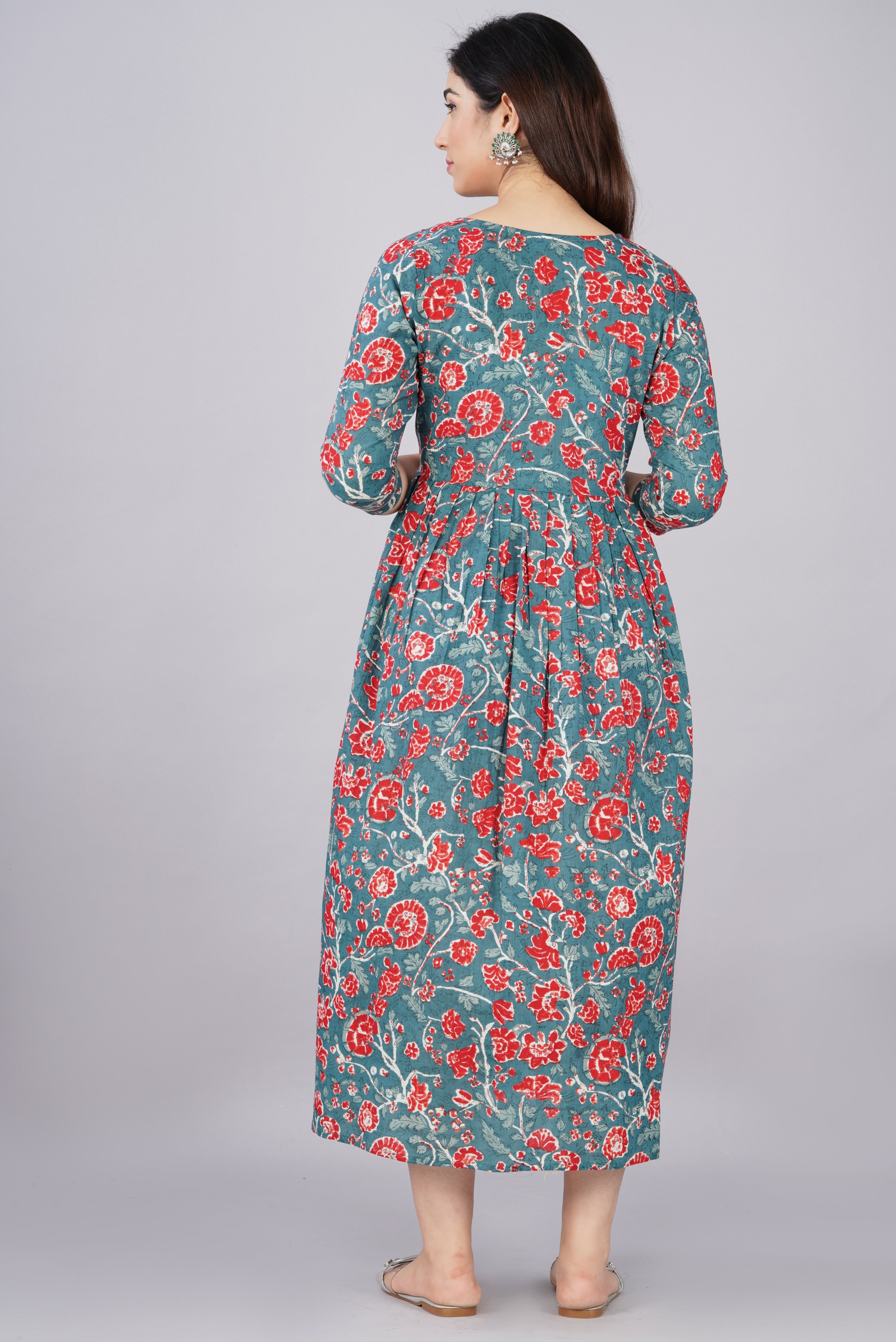 Majestic divas Cotton Teal Blue Red Floral Printed Maternity Feeding Kurta Dress with Dual Zippers