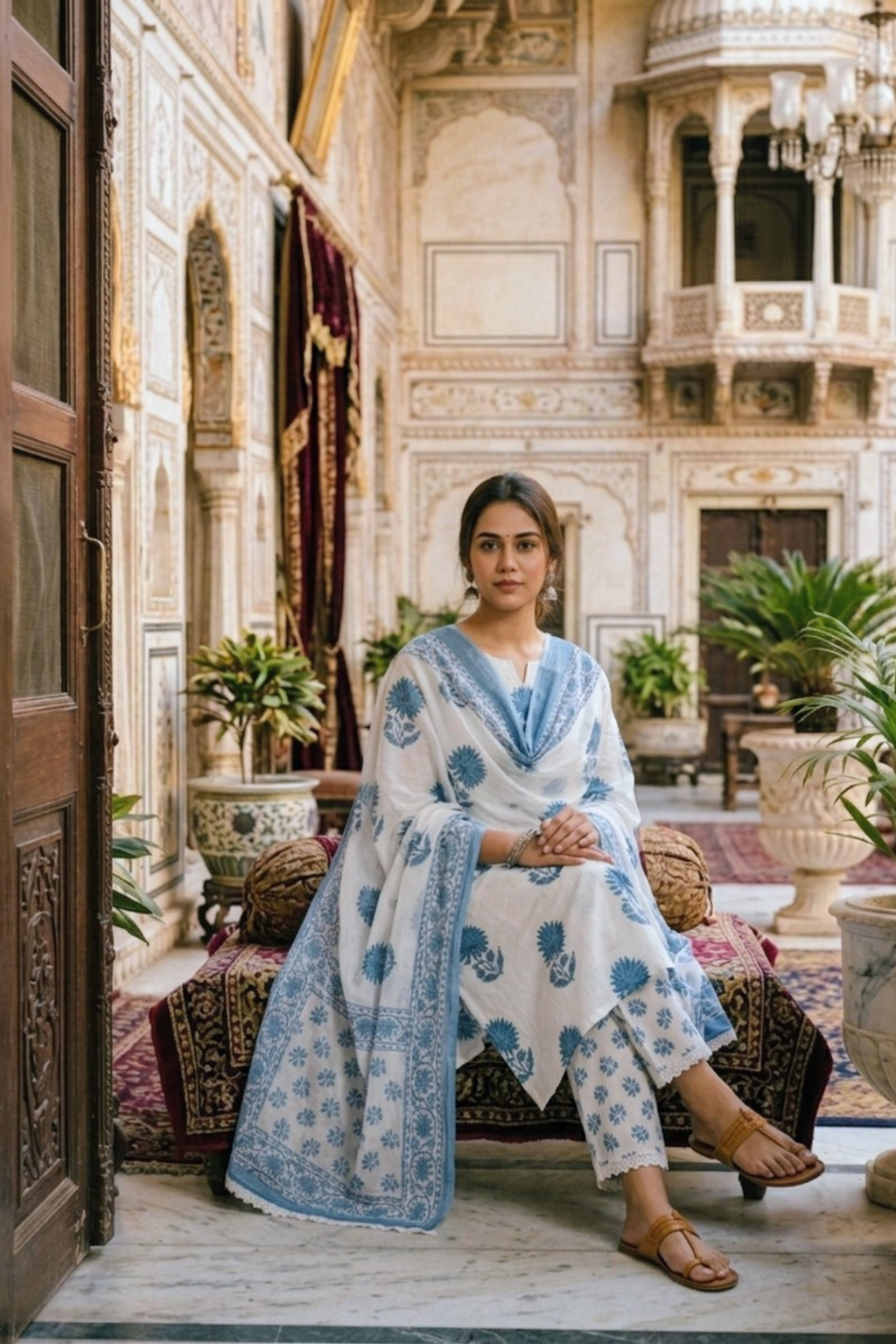 Majestic Diva's White & Blue Floral Printed Dupatta Set