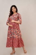 Majestic Diva's Red & Blue Mandala Printed Cotton Maternity & Feeding Dress