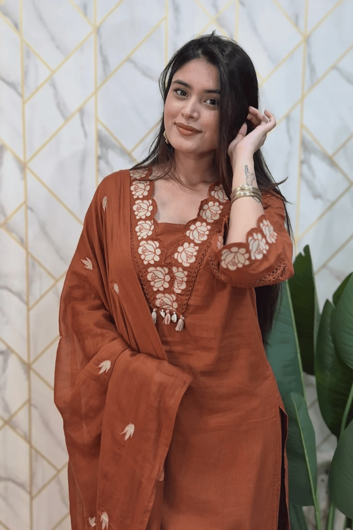Majestic Diva Rust Brown Floral Embroidered Kurta Set with Dupatta