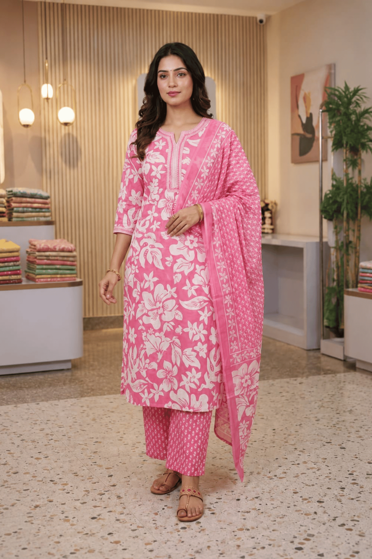 Majestic Diva's Dark Pink Floral Printed Dupatta Set Secondary image