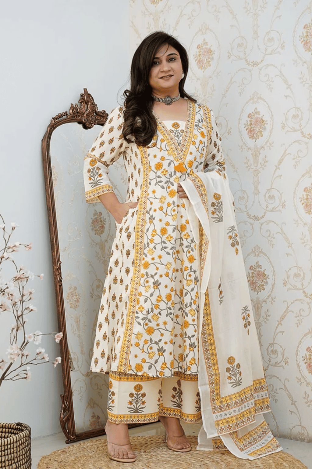 Majestic Diva's White & Yellow Printed Dupatta Set