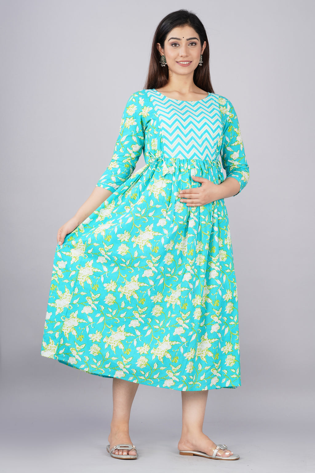 Majestic divas Cotton Aqua Blue White Floral Printed Maternity Feeding Kurta Dress with Dual Zippers