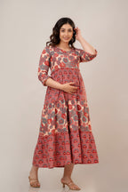 Majestic Diva's Red & Blue Mandala Printed Cotton Maternity & Feeding Dress