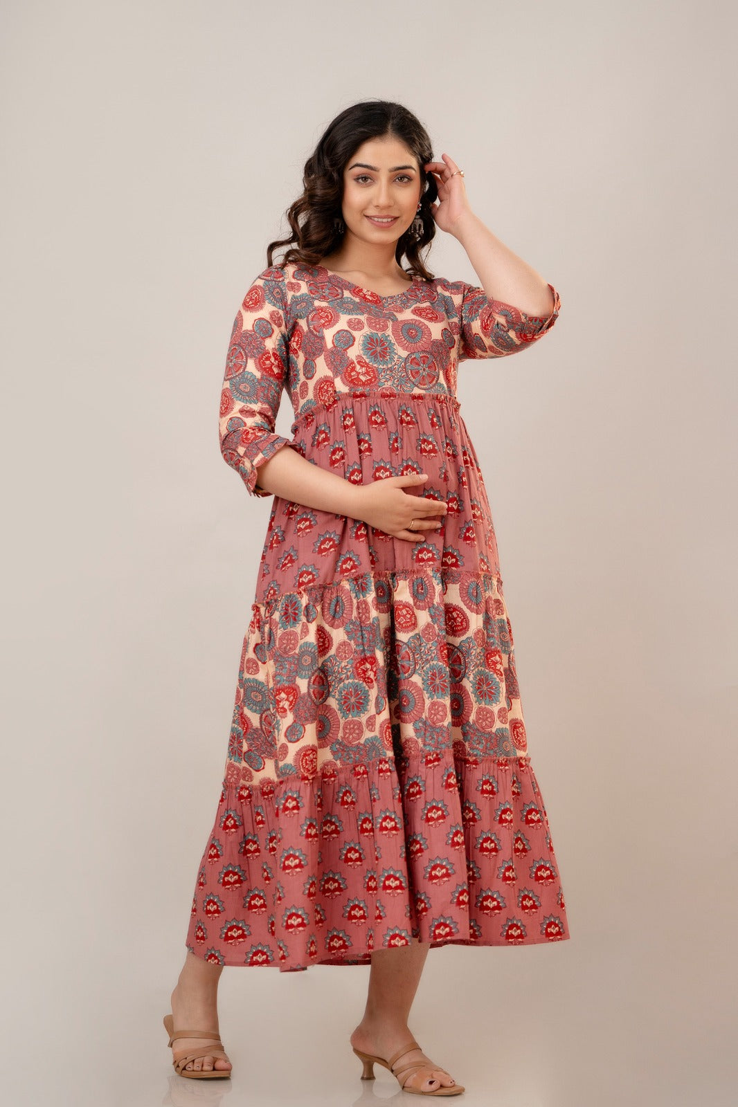 Majestic Diva's Red & Blue Mandala Printed Cotton Maternity & Feeding Dress