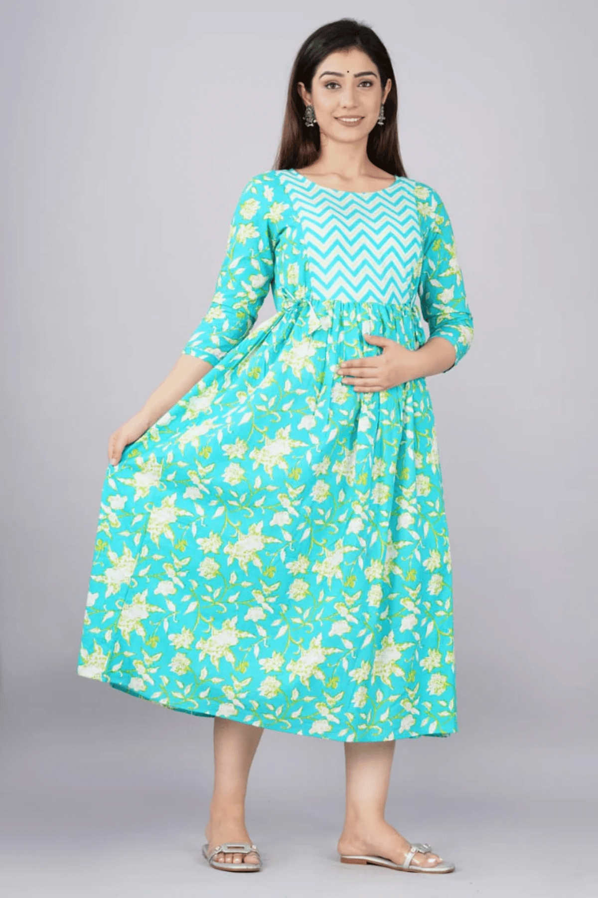 Majestic divas Cotton Aqua Blue Floral Maternity Feeding Kurta Dress with Dual Zippers