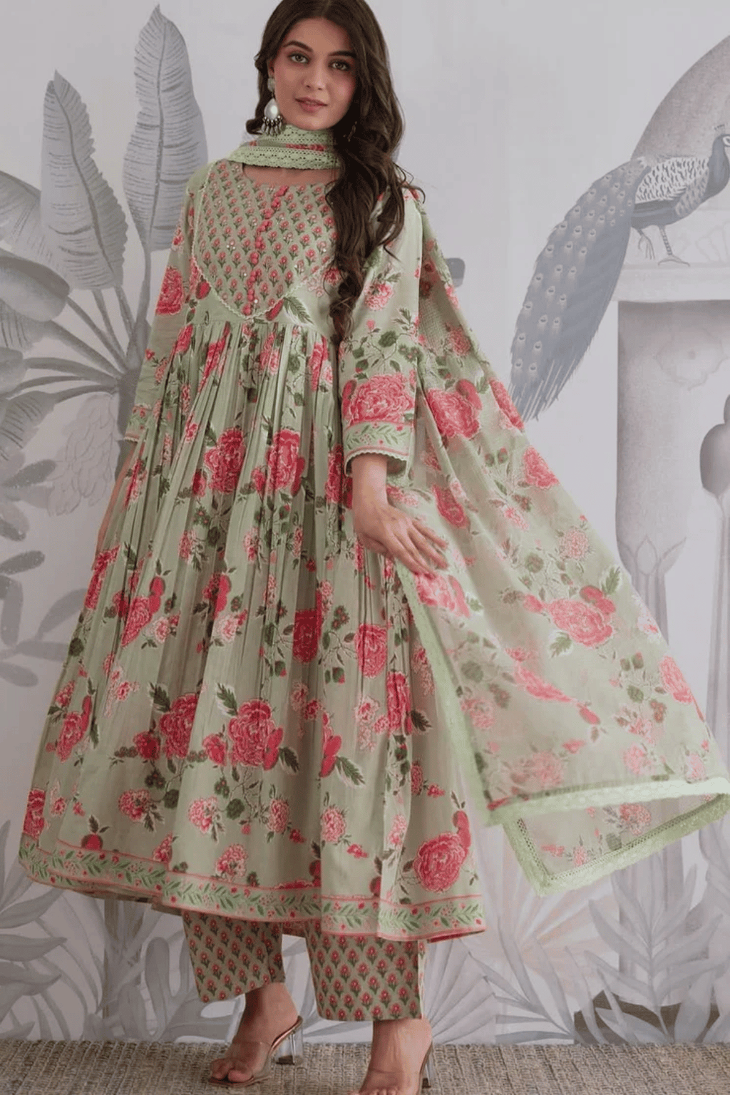 Majestic Diva's Sage Green Floral Printed Dupatta Set