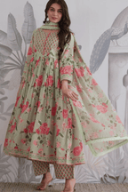 Majestic Diva's Sage Green Floral Printed Dupatta Set
