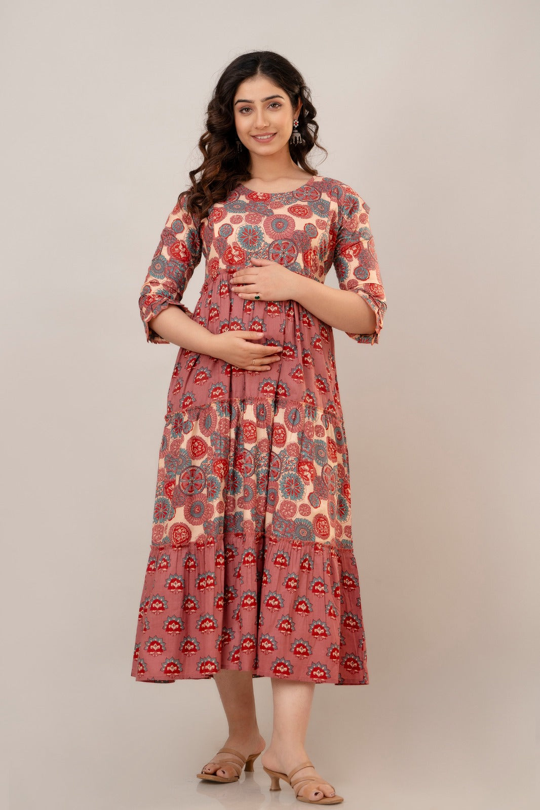 Majestic Diva's Red & Blue Mandala Printed Cotton Maternity & Feeding Dress Secondary image