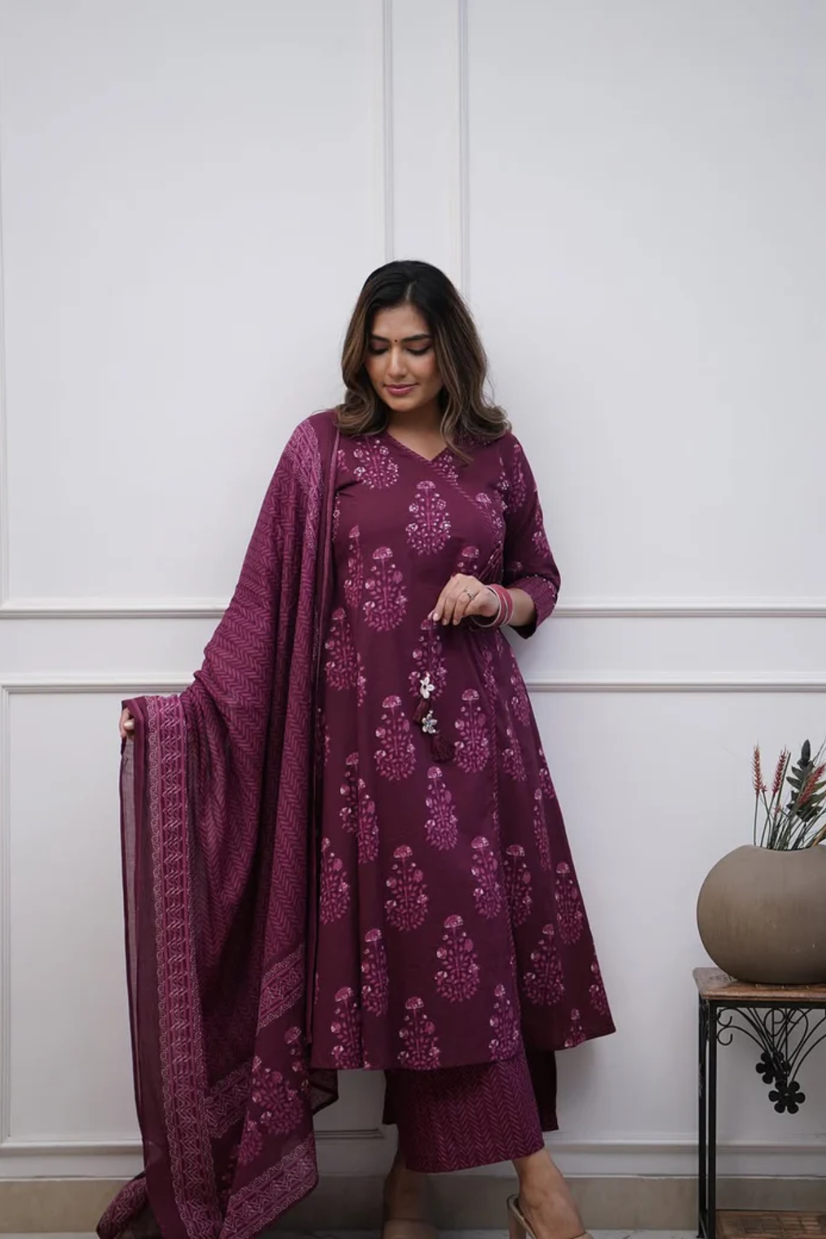 Majestic Diva's Wine Purple Printed Dupatta Set