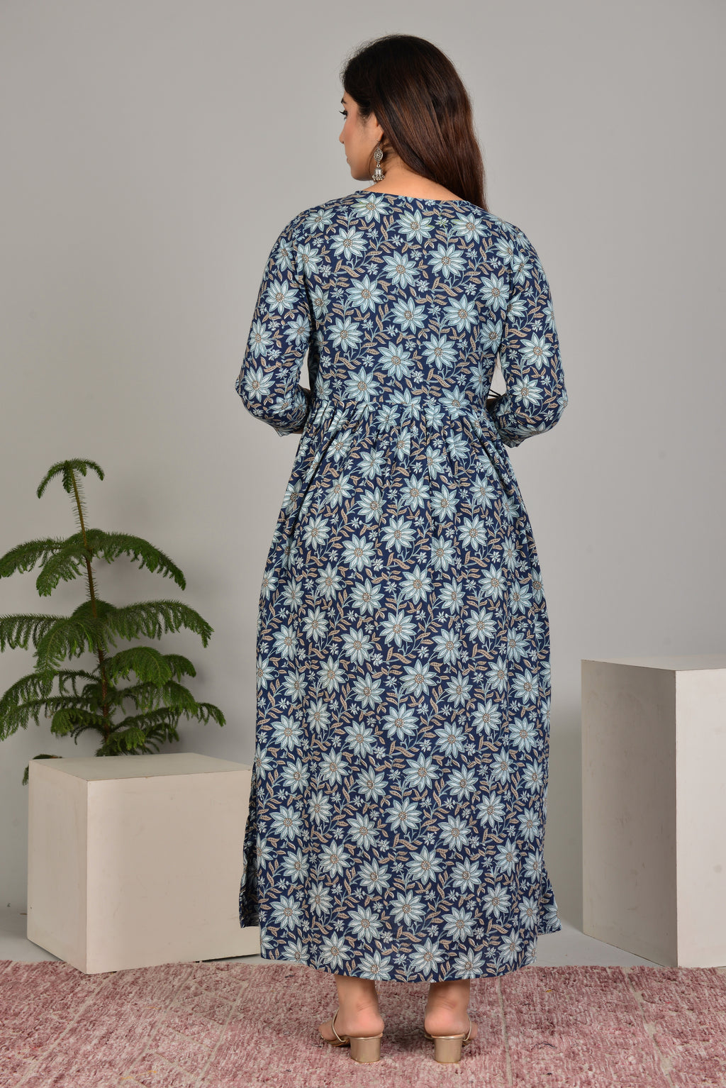 Majestic divas Cotton Navy Blue Floral Printed Maternity Feeding Kurta Dress with Dual Zippers