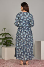 Majestic divas Cotton Navy Blue Floral Printed Maternity Feeding Kurta Dress with Dual Zippers