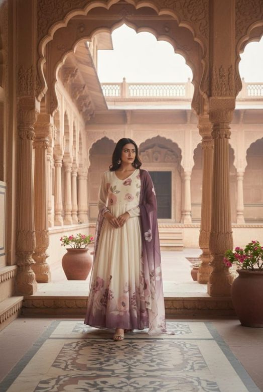 Ivory Cream Floral Digital Print Chiffon Ghera Dupatta Set