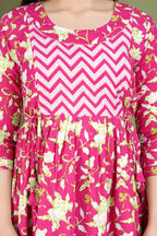 Majestic divas Cotton Pink Floral & Chevron Printed Maternity Feeding Kurta Dress with Dual Zippers