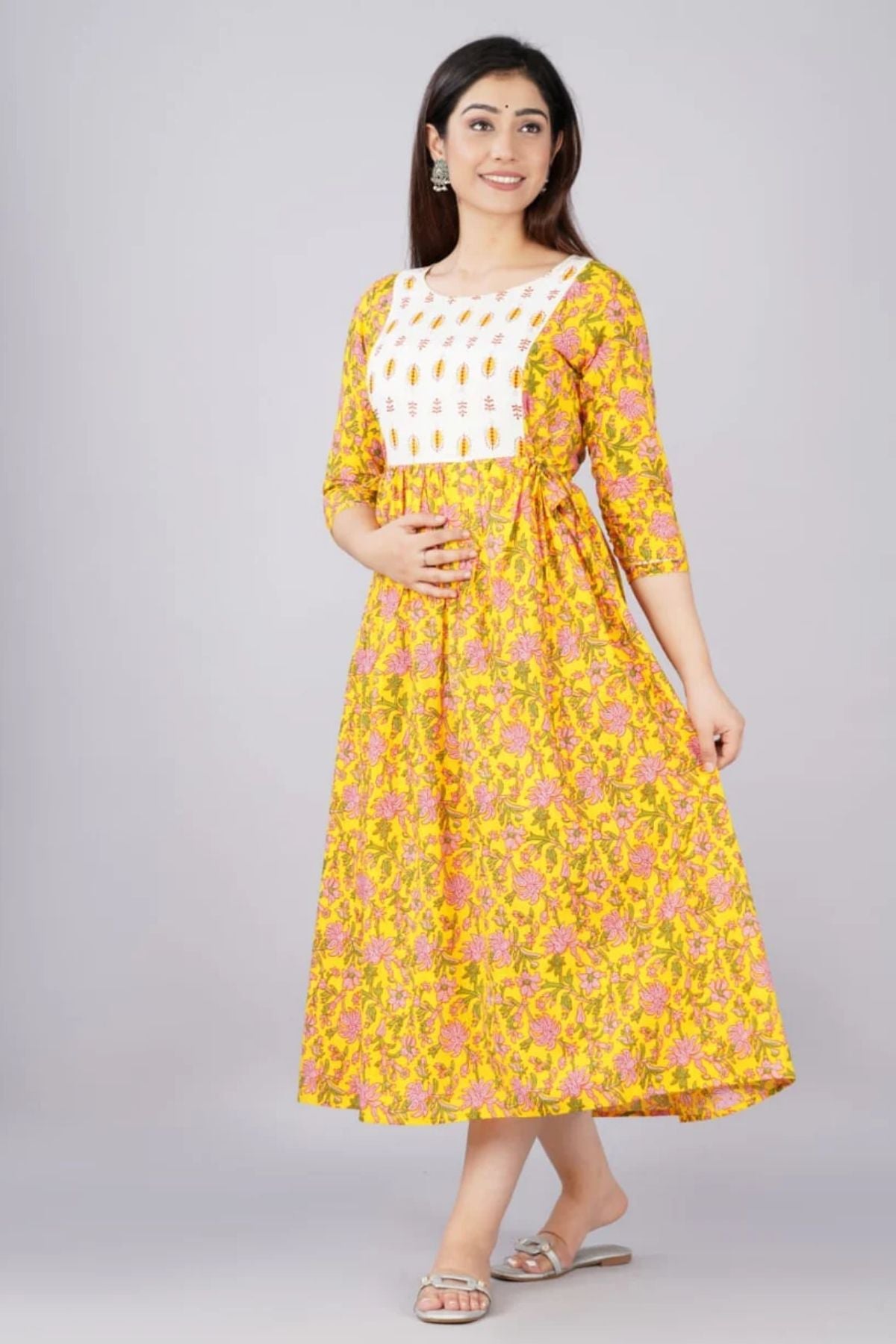 Majestic divas Cotton Lemon Yellow Floral Maternity Feeding Kurta Dress with Dual Zippers Secondary image
