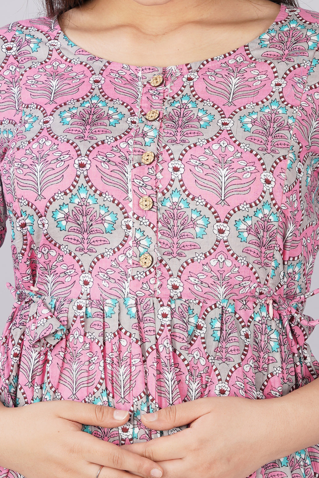 Majestic divas Cotton Pink Blue Floral Buta Printed Maternity Feeding Kurta Dress with Dual Zippers