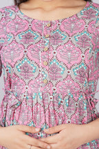 Majestic divas Cotton Pink Blue Floral Buta Printed Maternity Feeding Kurta Dress with Dual Zippers