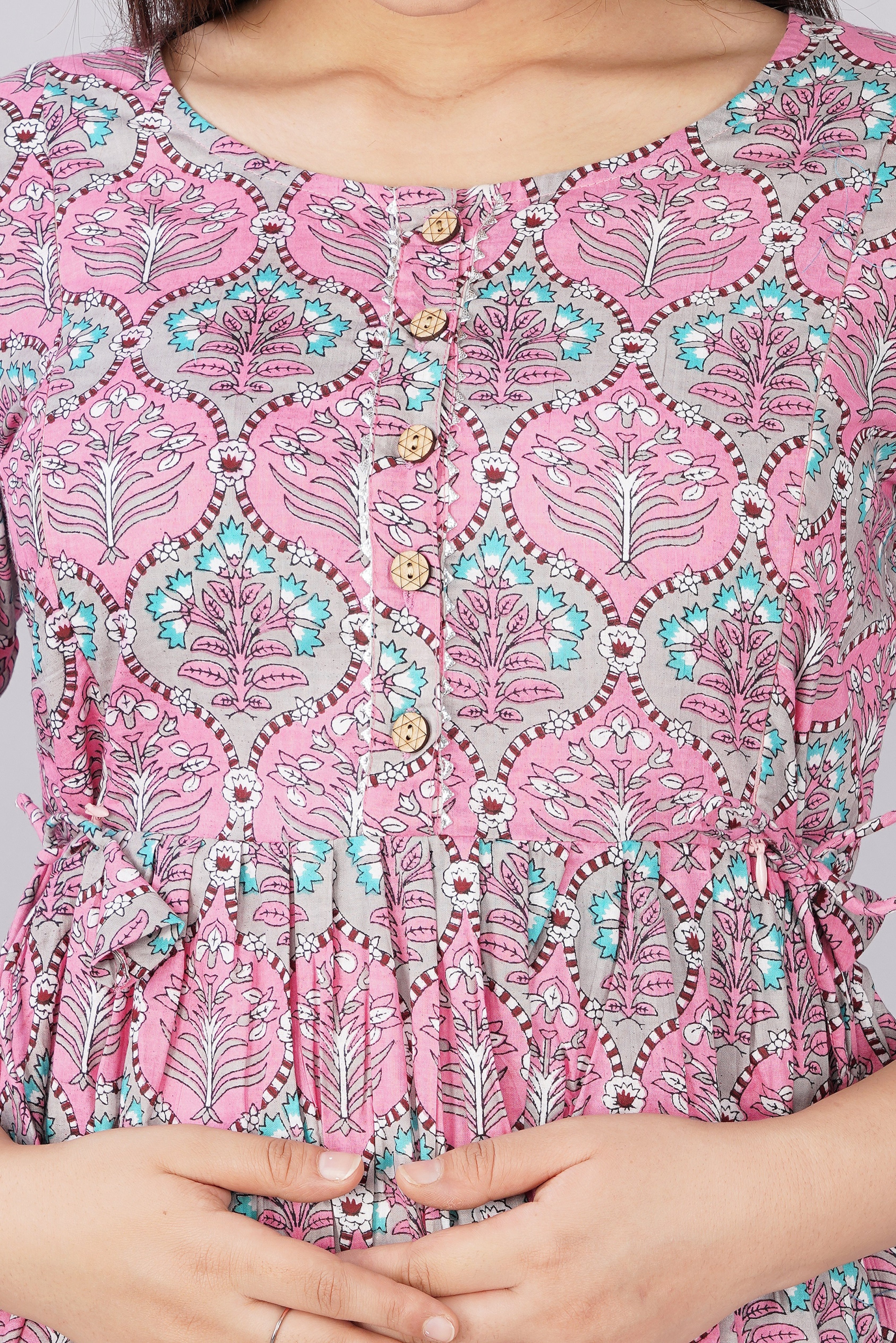 Majestic divas Cotton Pink Blue Floral Buta Printed Maternity Feeding Kurta Dress with Dual Zippers